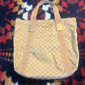 GUCCI GG canvas tote bag shoulder khaki beige pink gold